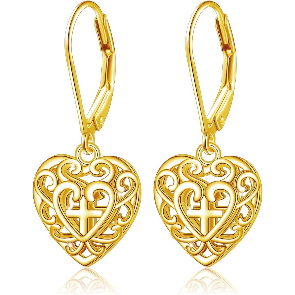Women Heart Cross Gold-Plated Sterling Silver Heart Dangle Drop Stud Earrings